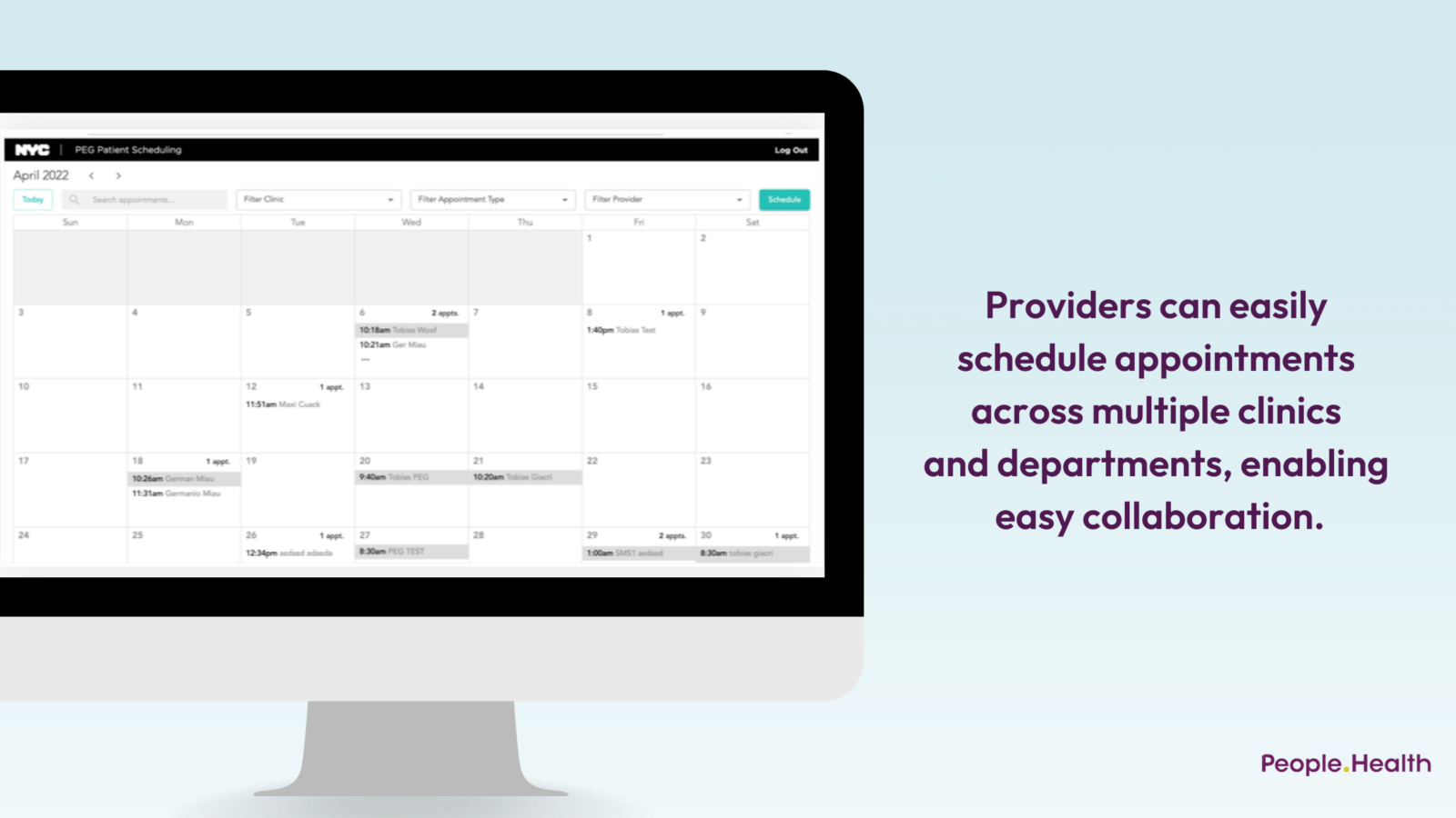 Providers can easily schedule appointments across multiple clinics and departments, enabling easy collaboration.
