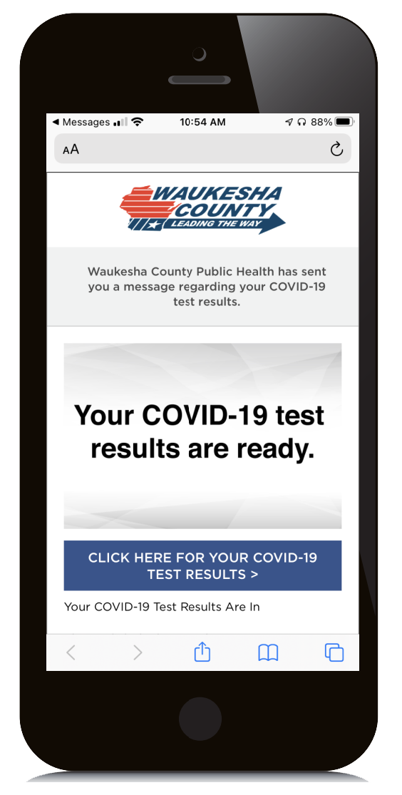 Sample notification of COVID test results displayed on a mobile phone.